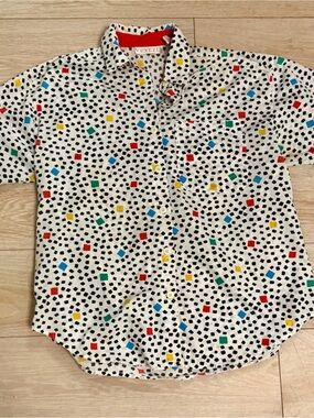 Venezia White Short-Sleeve Button-Down Shirt with Multicolor Square Print